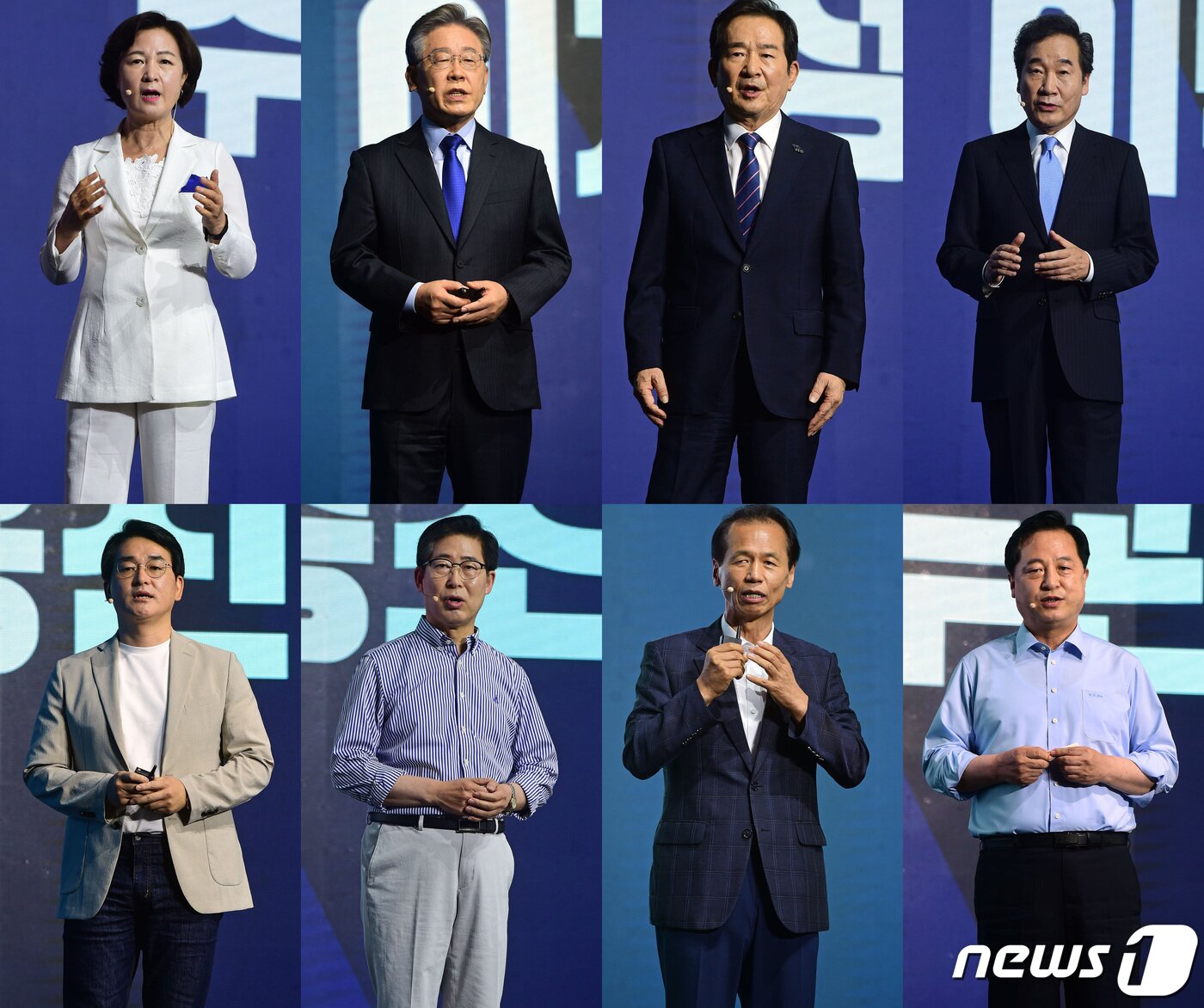 본문 이미지 - 제20대 대통령선거 더불어민주당 예비후보자들이 7일 경기 파주의 한 스튜디오에서 열린 대선 후보 정책 언팩쇼에서 정책발표를 하고 있다. 왼쪽 위부터 시계방향으로 추미애, 이재명, 정세균, 이낙연, 김두관, 최문순, 양승조, 박용진 후보. 국회사진취재단