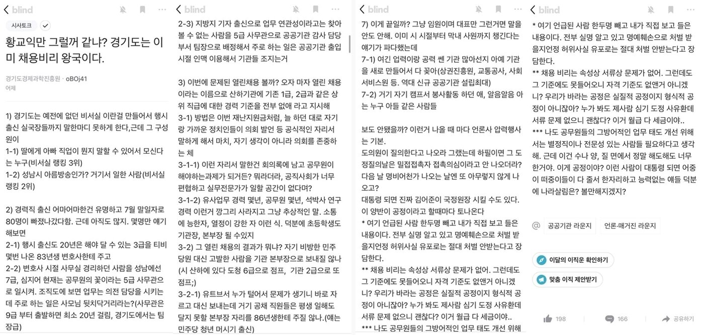 본문 이미지 - '황교익만 그럴 거 같냐. 경기도는 이미 채용비리 왕국이다'라는 제목의 블라인드 게시글 캡쳐 ⓒ 뉴스1
