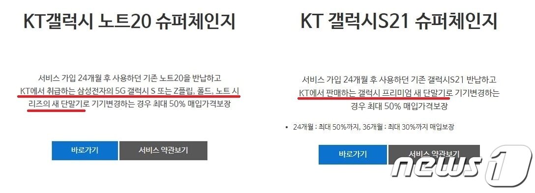 본문 이미지 - KT와 보험 계약을 맺고 슈퍼체인지 상품을 제공하고 있는 위니아에이드의 서비스 약관을 살펴보면 KT에서도 최신 스마트폰의 슈퍼체인지 상품들은 폴더블폰까지 보상판매 대상이 된 것을 확인할 수 있다. ⓒ 뉴스1