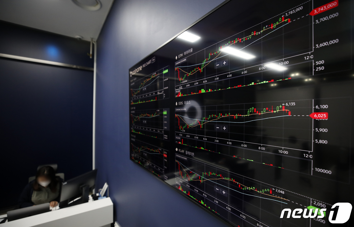 (서울=뉴스1) 이승배 기자 = 26일 오전 서울 용산구 암호화폐 거래소 코인원 전광판에 비트코인 등의 가격이 표시되고 있다.이날 비트코인은 미국 증시의 S&P500지수와 나스닥이 …