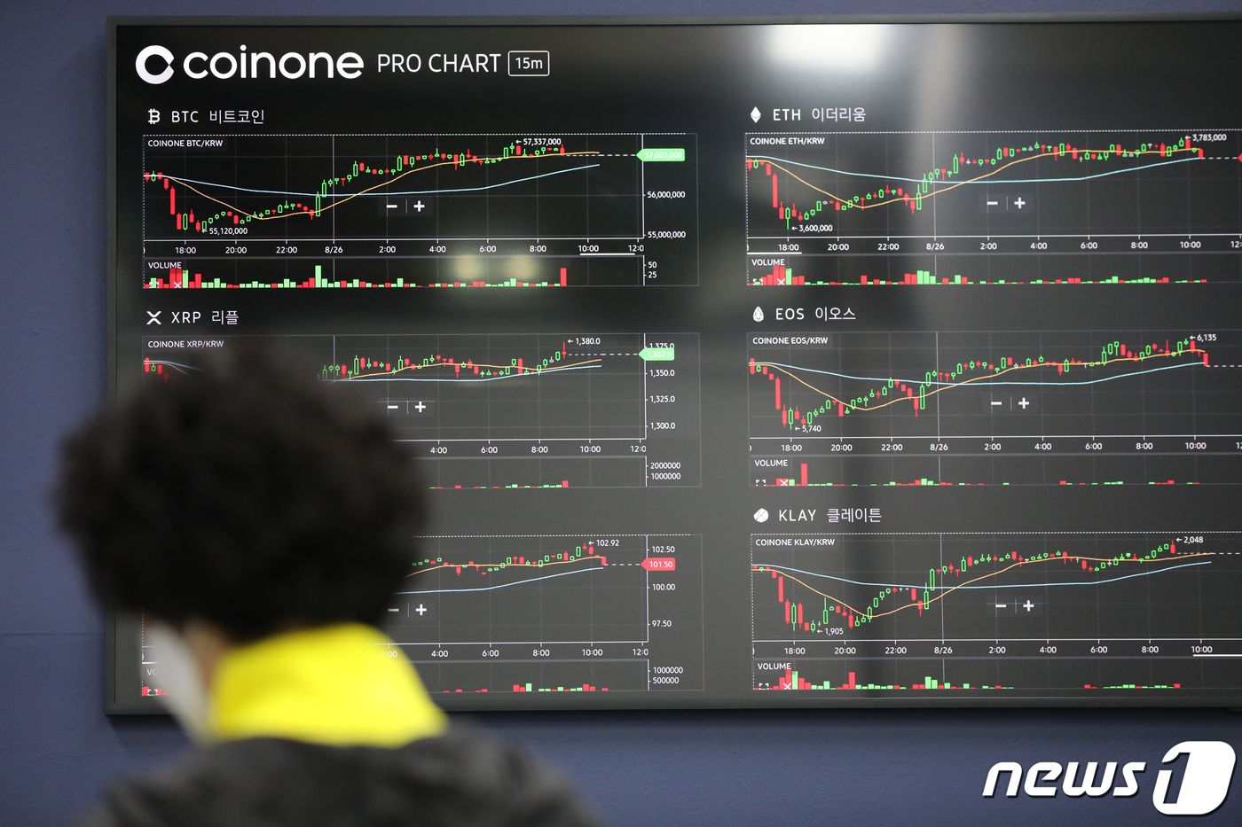 (서울=뉴스1) 이승배 기자 = 26일 오전 서울 용산구 암호화폐 거래소 코인원 전광판에 비트코인 등의 가격이 표시되고 있다.이날 비트코인은 미국 증시의 S&P500지수와 나스닥이 …