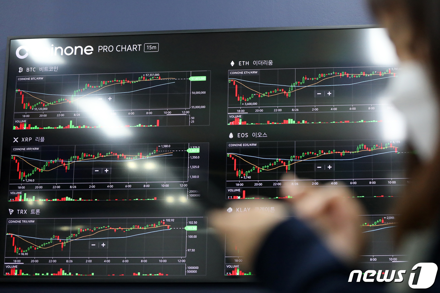 (서울=뉴스1) 이승배 기자 = 26일 오전 서울 용산구 암호화폐 거래소 코인원 전광판에 비트코인 등의 가격이 표시되고 있다.이날 비트코인은 미국 증시의 S&P500지수와 나스닥이 …