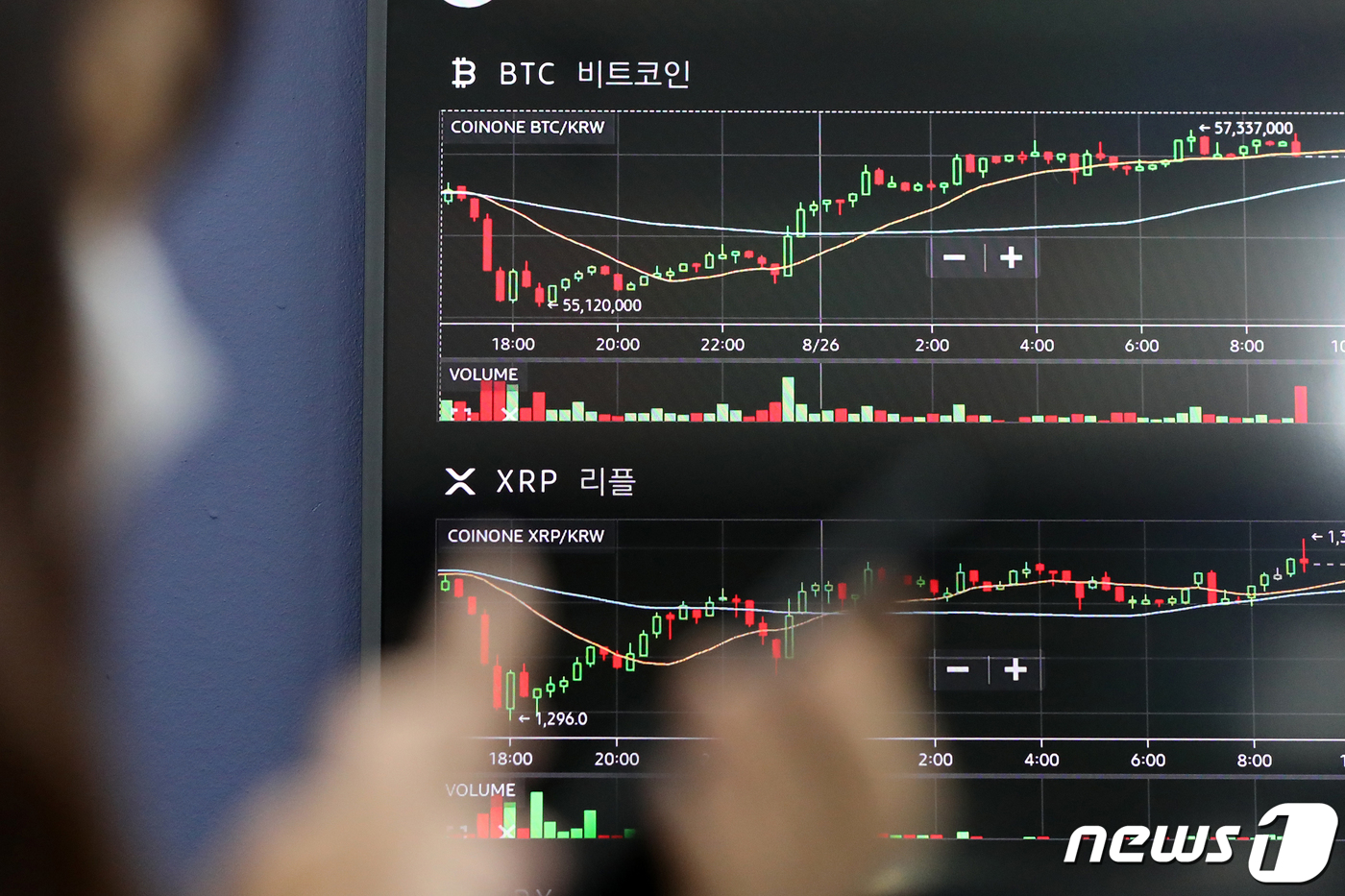 (서울=뉴스1) 이승배 기자 = 26일 오전 서울 용산구 암호화폐 거래소 코인원 전광판에 비트코인 등의 가격이 표시되고 있다.이날 비트코인은 미국 증시의 S&P500지수와 나스닥이 …