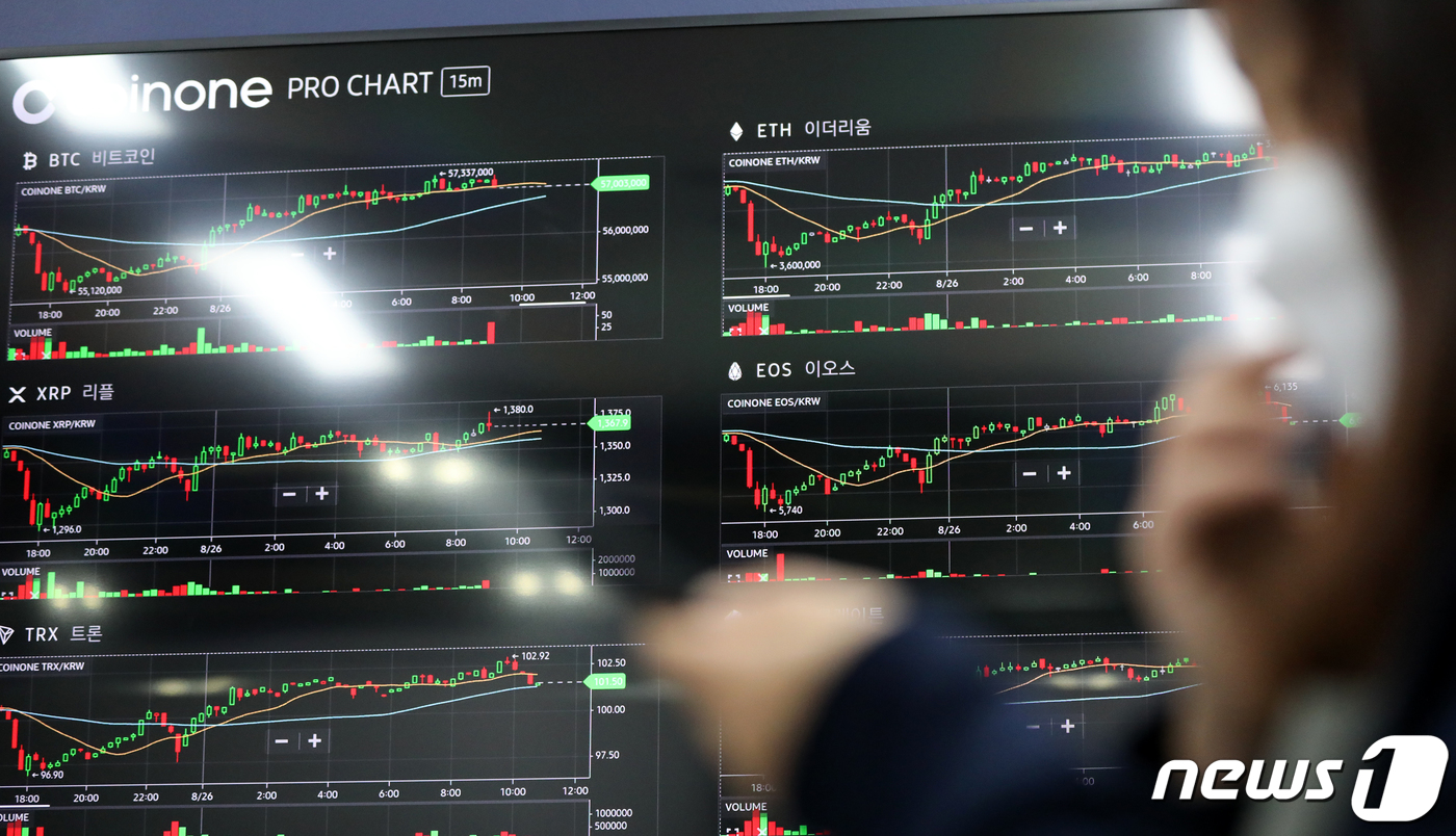 (서울=뉴스1) 이승배 기자 = 26일 오전 서울 용산구 암호화폐 거래소 코인원 전광판에 비트코인 등의 가격이 표시되고 있다.이날 비트코인은 미국 증시의 S&P500지수와 나스닥이 …