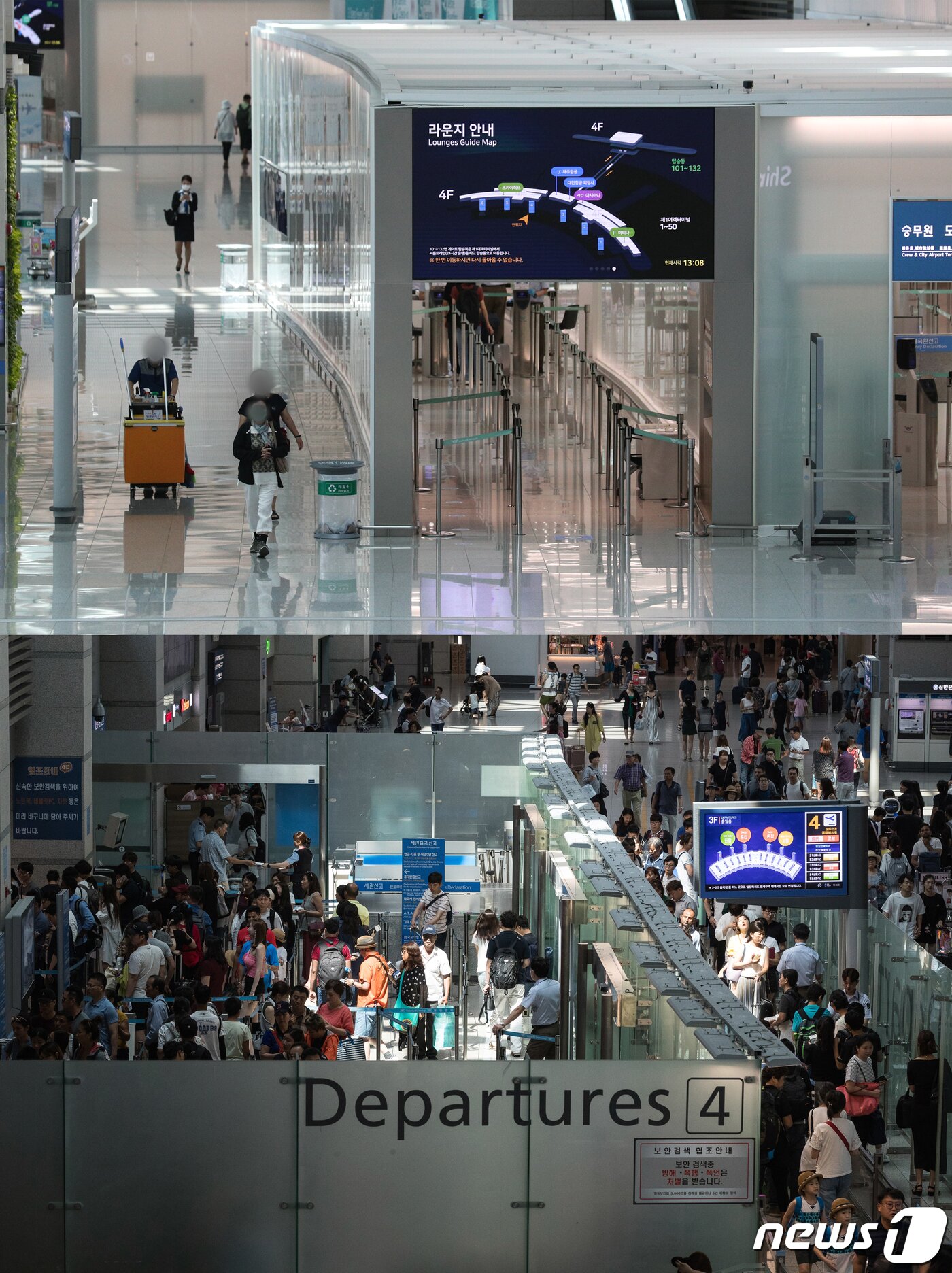 본문 이미지 - 코로나19 4차 대유행 속 휴가철 해외 출국이 급감하면서 3일 인천국제공항 제1터미널 출국장이 한산한 모습을 보이고 있다. 아래 사진은 일일여객 최다(22만 1,231명) 이용객 수를 기록한 2018년 8월 5일 인천공항 모습.  ⓒ News1 성동훈 기자,유승관 기자