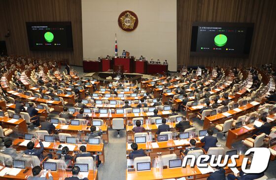 31일 서울 여의도 국회에서 열린 본회의에서 구글갑질방지법으로 불리는 전기통신사업법 일부개정법률안(인앱결제방지법)이 가결 되고 있다. 오대일 기자