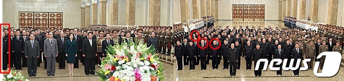 본문 이미지 - 왼쪽 사진은 9일 김정은 북한 노동당 총비서 등이 금수산태양궁전을 참배한 것, 오른쪽은 지난 7월8일 김일성 사망 27주기 계기 김 총비서 등의 금수산태양궁전 참배 당시 사진이다. 왼쪽 사진에서 리선권과 김여정은 찾아볼 수 없고, 김영철(빨간 네모)도 몸통 반쪽만 확인할 수 있다. 지난 7월8일 리선권(앞줄 맨 왼쪽 빨간원)과 김영철(앞줄 왼쪽에서 두 번째 빨간원), 김여정 (뒷줄 빨간원)이 포착됐을 당시와는 차이가 난다는 평가다.ⓒ 뉴스1