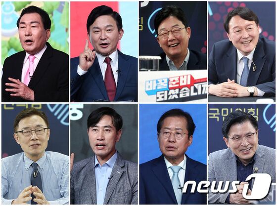 국민의힘 선거관리위원회는 15일 오전 국회에서 예비경선 1차 경선 컷오프를 발표했다. 이번 1차 컷오프는 11명의 후보를 대상으로 책임당원 여론조사 20%와 전국민 여론조사 80%를 합산 반영해 이뤄졌으며 후보들의 득표율과 순위는 공개되지 않았다. 1차 컷오프 통과한 안상수·원희룡·유승민·윤석열·최재형·하태경·홍준표·황교안(왼쪽 윗줄부터 가나다 순) 후보. (뉴스1 DB) 이동해 기자