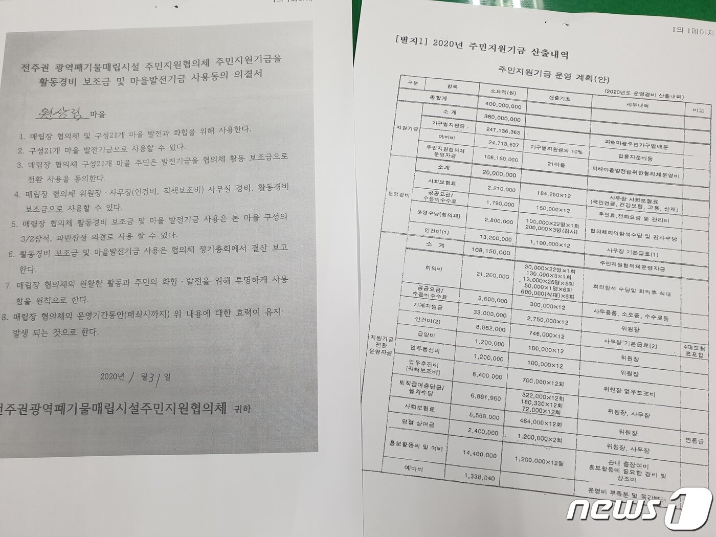 본문 이미지 - 주민지원협의체가 지난해 21개 마을에 보낸 '운영비 전환사용 동의서'.2021.9.15/ⓒ 뉴스1