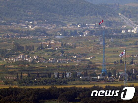 16일 경기 파주시 접경지역에서 바라본 북측 기정동 마을과 남측 대성동 마을에 각각 인공기와 태극기가 펄럭이고 있다. 남북이 상대방에 대한 일체의 적대행위를 전면 중지하기로 한 9·19 남북군사합의 체결 3주년을 앞두고 한반도에 군비경쟁 양상이 펼쳐지고 있다. 신웅수 기자