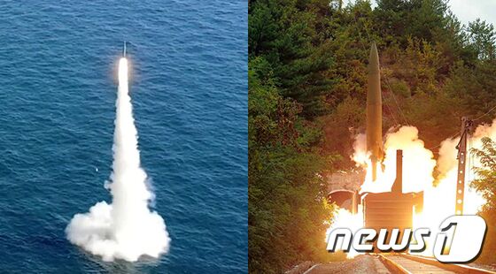 한반도가 미사일 각축장이 되며 국제사회의 시선이 쏠리고 있다. 우리나라는 지난 15일 도산안창호함에 탑재된 자체 개발 잠수함발사탄도미사일(SLBM) 발사 시험(사진 왼쪽)을 세계 7번째로 성공했다. 북한은 같은 날 철도기동미사일연대 검열사격 훈련에서 열차에 설치된 발사대를 통해 탄도미사일을 발사했다. (국방부, 노동신문) 오대일 기자