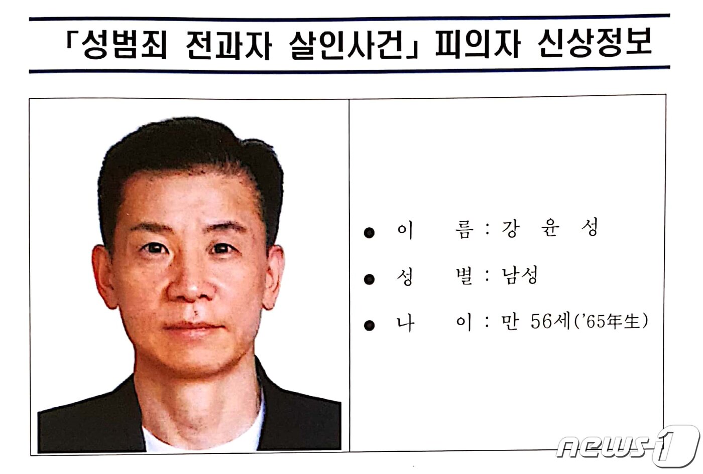 본문 이미지 - 전자발찌를 끊고 여성 2명을 살해한 혐의를 받는 56살 강윤성의 신상정보가 공개됐다. 서울경찰청은 2일 오후 피의자 신상공개 심의위원회를 열고 강윤성의 얼굴과 이름, 나이를 공개하기로 했다. (서울경찰청 제공) 2021.9.2/뉴스1