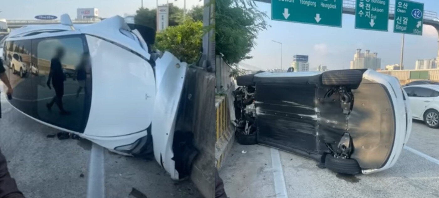 본문 이미지 - 이 사고로 테슬라 차량은 폐차됐고, 현재 보험사 간 분쟁조정위원회에 회부돼있는 것으로 확인됐다. (유튜브 '한문철TV' 영상 갈무리) ⓒ 뉴스1