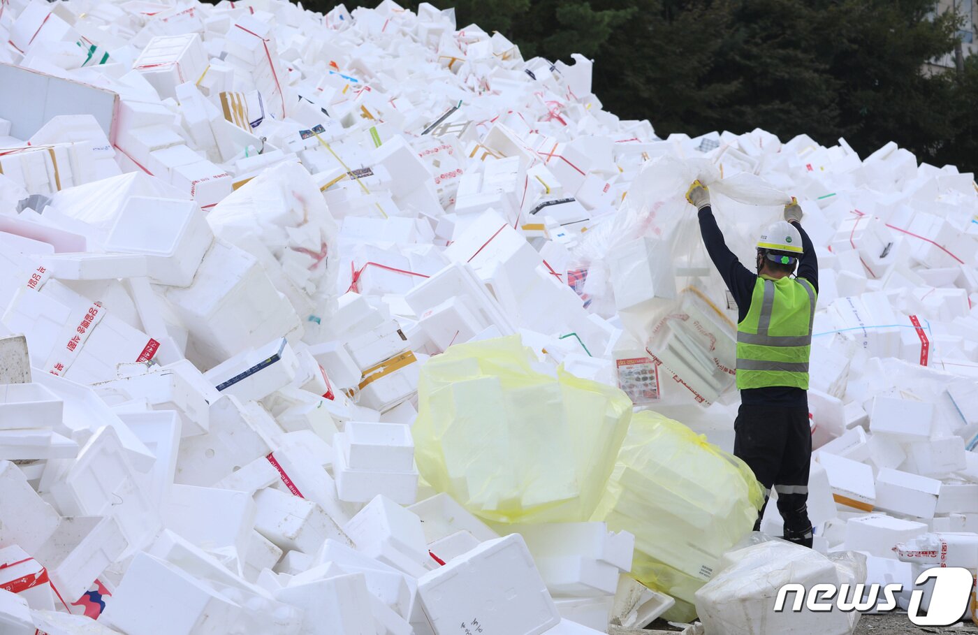 본문 이미지 - 추석 연휴가 끝난 23일 오전 경기도 수원시 영통구 수원시자원순환센터에 추석 연휴동안 수거된 스티로폼 상자들이 쌓여있다. 2021.9.23/뉴스1 ⓒ News1 김영운 기자