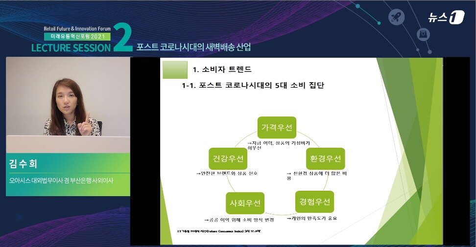 본문 이미지 - 30일 온라인 생중계로 진행된 뉴스1 '미래유통혁신포럼(RFiF) 2021'에서 김수희 오아시스마켓 대외법무이사가 발표하고 있는 모습.ⓒ 뉴스1