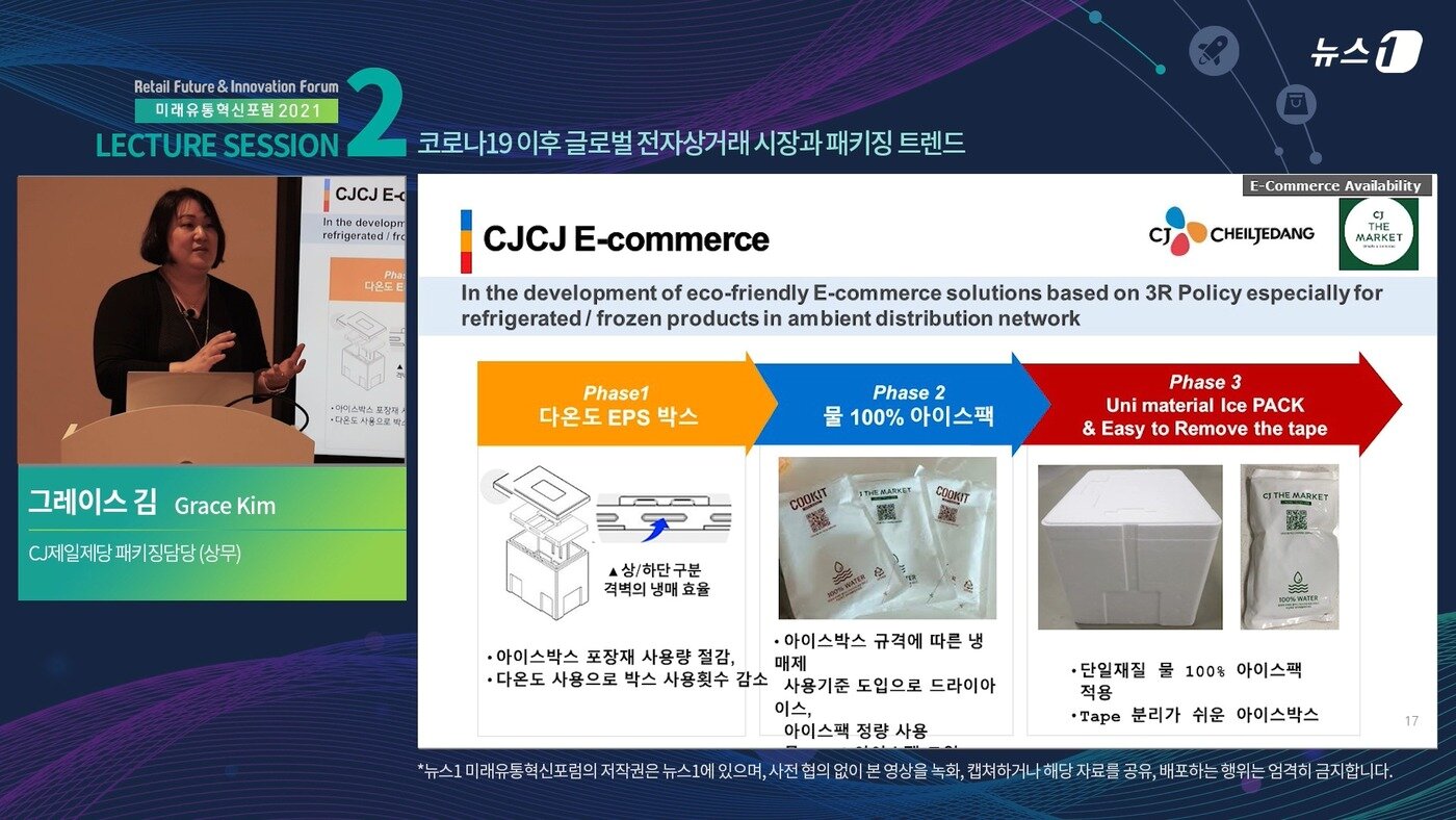본문 이미지 - 그레이스 김 CJ제일제당 패키징담당 상무가 30일 온라인 생중계로 진행한 '미래유통혁신포럼 2021'에서 '코로나19 이후 글로벌 전자상거래 시장과 패키징 트렌드'를 발표하고 있다. ⓒ 뉴스1