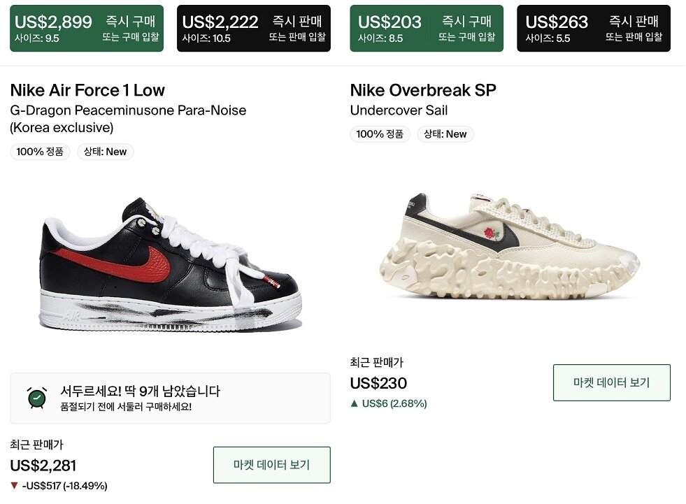 본문 이미지 - 글로벌 리셀 플랫폼 '스톡에스'에서 판매회는 한정판 스니커즈. (왼쪽부터) 나이키와 지드래곤이 협업한 '나이키 에어 포스1 로우', 정용진 신세계 부회장이 리셀로 구매한 '나이키 언더커버 오버브레이크'. ⓒ 뉴스1