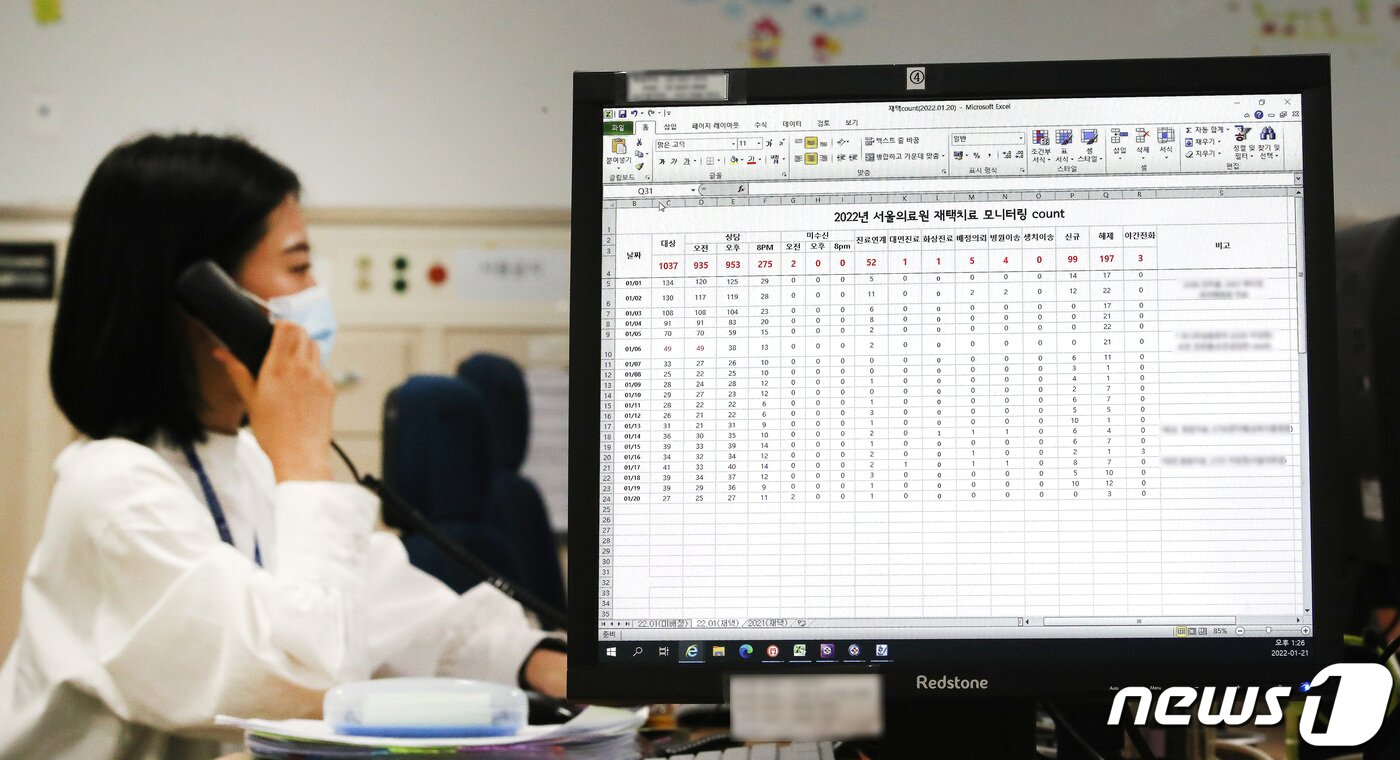 본문 이미지 - ‘서울형 의원급 재택치료’ 운영 첫 날인 21일 오후 서울 중랑구 서울의료원 내 코로나19 재택치료 관리 상황실에서 관계자가 업무를 보고 있다. 2022.1.21/뉴스1 ⓒ News1 임세영 기자