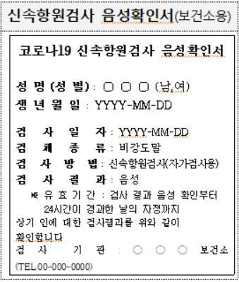 신속항원검사 음성확인서 보건소용 예시&#40;질병관리청 제공&#41; ⓒ 뉴스1