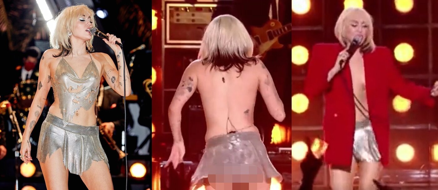 본문 이미지 - 차례대로 마일리 사이러스가 입은 옷의 원래 모습, 상의가 흘러내린 모습, 빨간색 재킷을 걸치고 재등장한 모습. (트위터 갈무리) ⓒ 뉴스1