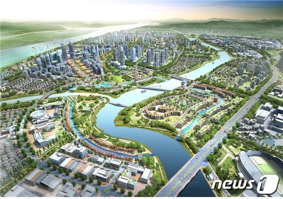 본문 이미지 - 부산 에코델타 스마트시티(세물머리 지구) 중심 조감도. 스마트시티 국가시범도시는 부산 에코델타시티의 중심지역인 서낙동강, 평강천, 맥도강의 세 강과 접해 있는 세물머리지구에 자연과 사람, 도시가 함께 진화하는 사회적․환경적․경제적 지속가능한 지능형 도시로 조성될 계획이다.ⓒ 뉴스1