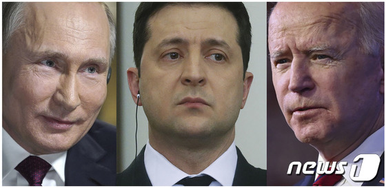 왼쪽부터 블라디미르 푸틴 러시아 대통령, 볼로디미르 젤렌스키 우크라이나 대통령, 조 바이든 미국 대통령. © AFP=뉴스1