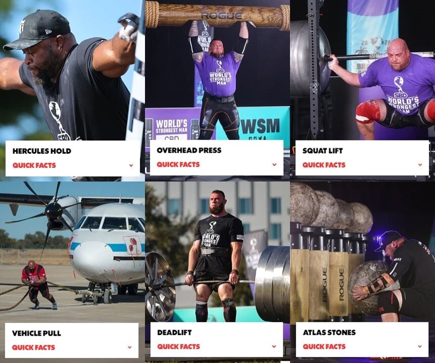 본문 이미지 - 2021 전세계에서 가장 힘센 남성 선발 대회에서 치러진 종목들. (대회 홈페이지 갈무리) ⓒ 뉴스1