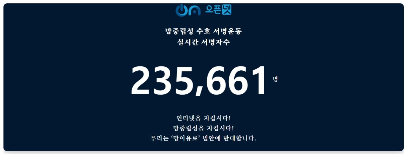 본문 이미지 - 사단법인 오픈넷에서 진행 중인 망 사용료 법 반대 서명 운동 실시간 서명자수. &#40;오픈넷 사이트 갈무리&#41;