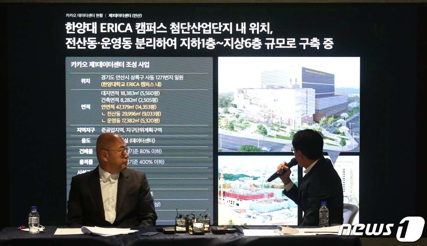 본문 이미지 - 남궁훈(왼쪽), 홍은택 카카오 대표가 19일 경기도 성남시 판교 카카오아지트에서 대규모 서비스 장애 관련 대국민 사과 기자회견을 하고 있다. (공동취재) 2022.10.19/뉴스1 ⓒ News1 민경석 기자