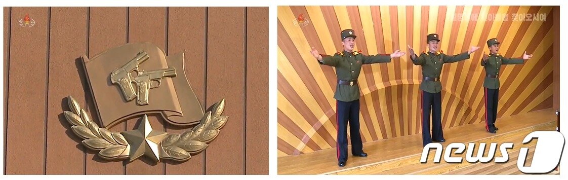 본문 이미지 - 김정은 총비서의 지도로 만들어졌다고 설명하는 만경대혁명학원 혁명사적관의 현판 로고(좌)와 붉은 광선을 모티브로 디자인한 교내 무대 배경대(우). 학교 시설물에 붙은 총 형태의 싸인물이 우리 눈에는 의아한데, 북측은 만경대혁명학원 혁명사적관 현판은 오각별과 2자루의 형상을 부각해 만든 것으로 나라 혁명사의 출발을 상징하는 의미를 담고 있다고 설명한다. (출처=조선중앙TV 소개편집물(2021, 2022) 캡쳐)