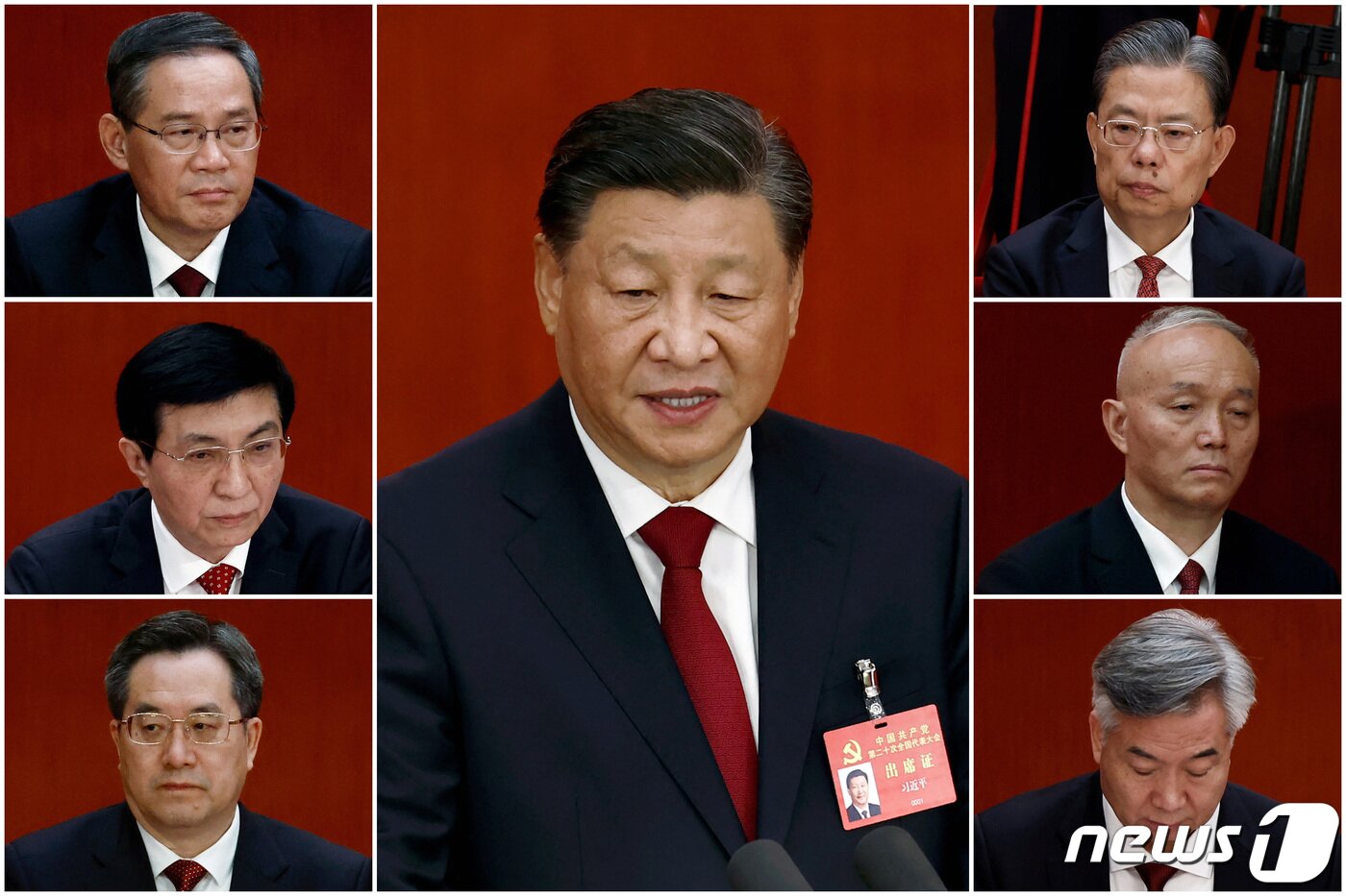 본문 이미지 - 시진핑 중국 국가 주석(가운데)와 왼쪽 위부터 리창 상하이시 당서기, 오른쪽엔 자오러지 당 중앙기율검사위원회 서기, 두번째 줄 왕후닝 중앙서기처 서기(왼쪽)와 차이치 베이징시 당서기(오른쪽), 세번째 줄 딩쉐샹 중앙판공처 주임(왼쪽)과 리시 광둥성 서기(오른쪽). ⓒ 로이터=뉴스1 ⓒ News1 이유진 기자