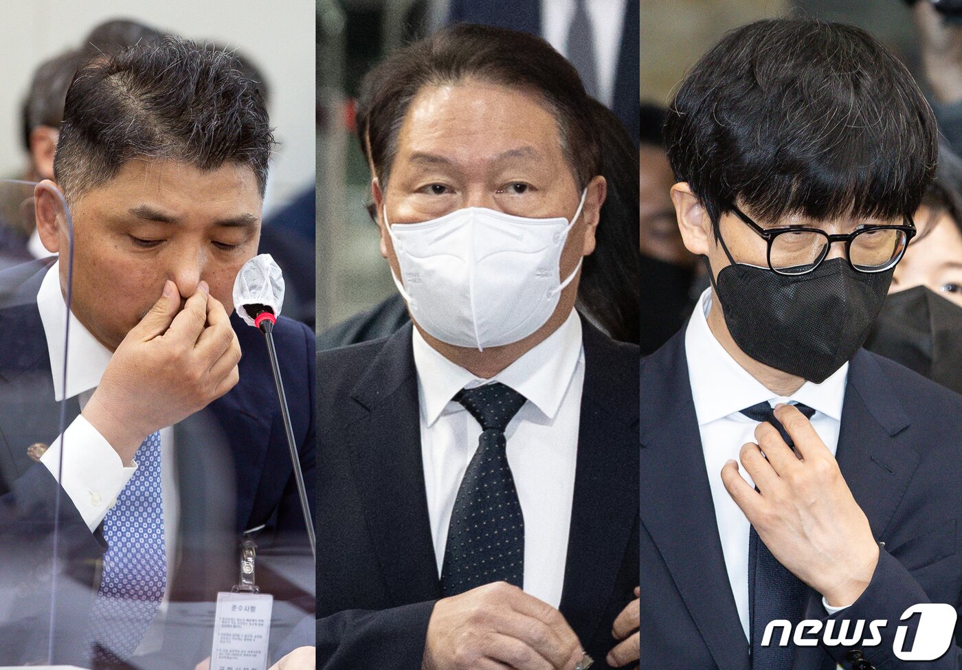 본문 이미지 - 국회 과방위에 출석한 김범수 카카오 미래이니셔티브센터장(왼쪽부터), 최태원 SK 회장, 이해진 네이버 글로벌투자책임자(GIO). 2022.10.24/뉴스1 ⓒ News1 이재명 기자