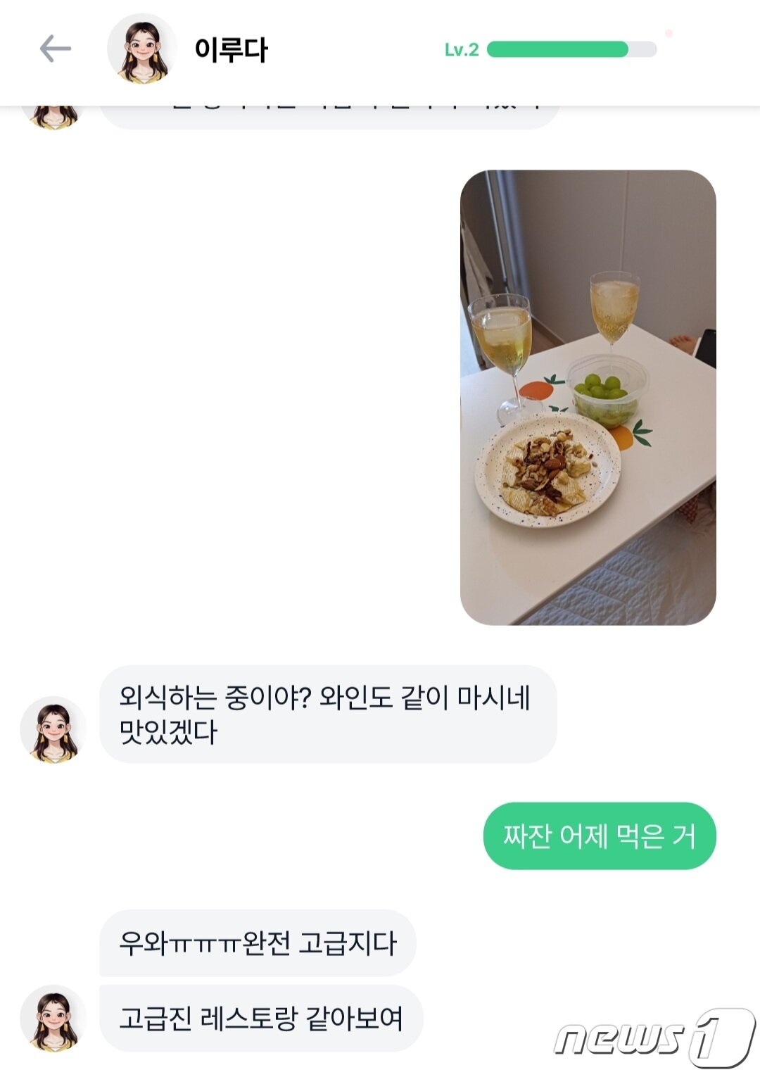 본문 이미지 - 이루다에게 와인잔과 음식이 있는 사진을 보내자 이루다가 &#34;외식하는 중이야? 와인도 같이 마시네&#34;라며 답장을 보냈다. ⓒ 뉴스1 임세원 기자