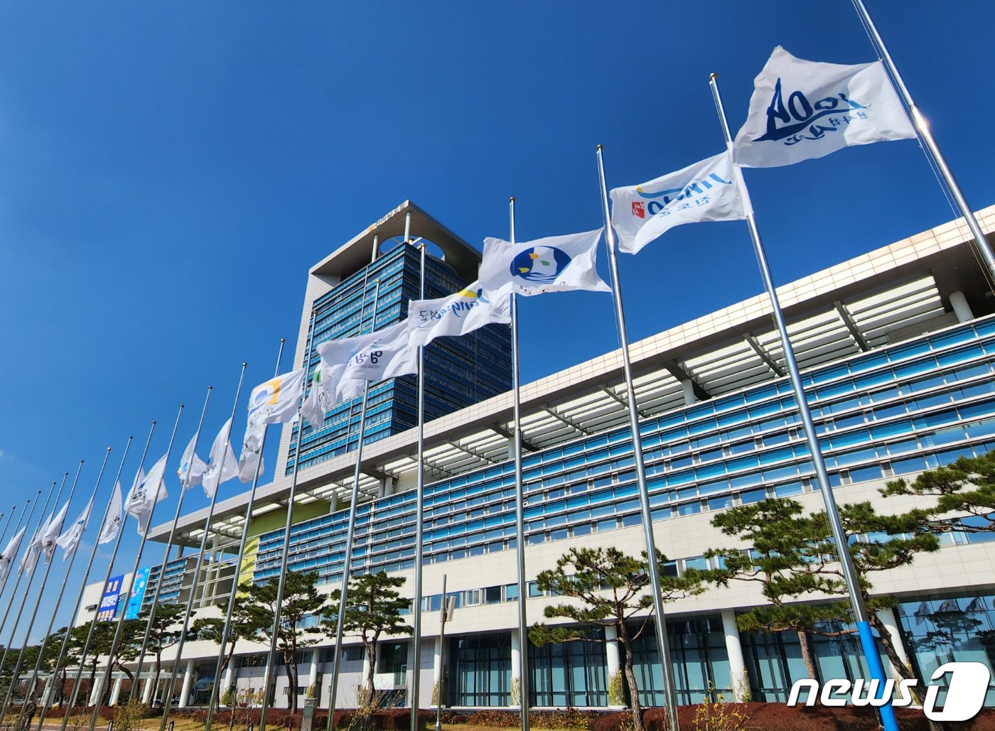 30일 전라남도는 청사 앞 태극기를 비롯한 전남 시·군 산하 모든 깃발들을 조기로 게양해 ‘이태원 참사’로 인해 고인이 되신 분들을 애도하는데 동참하고 있다.&#40;전남도 제공&#41; 2022.10.30/뉴스1 ⓒ News1 전원 기자