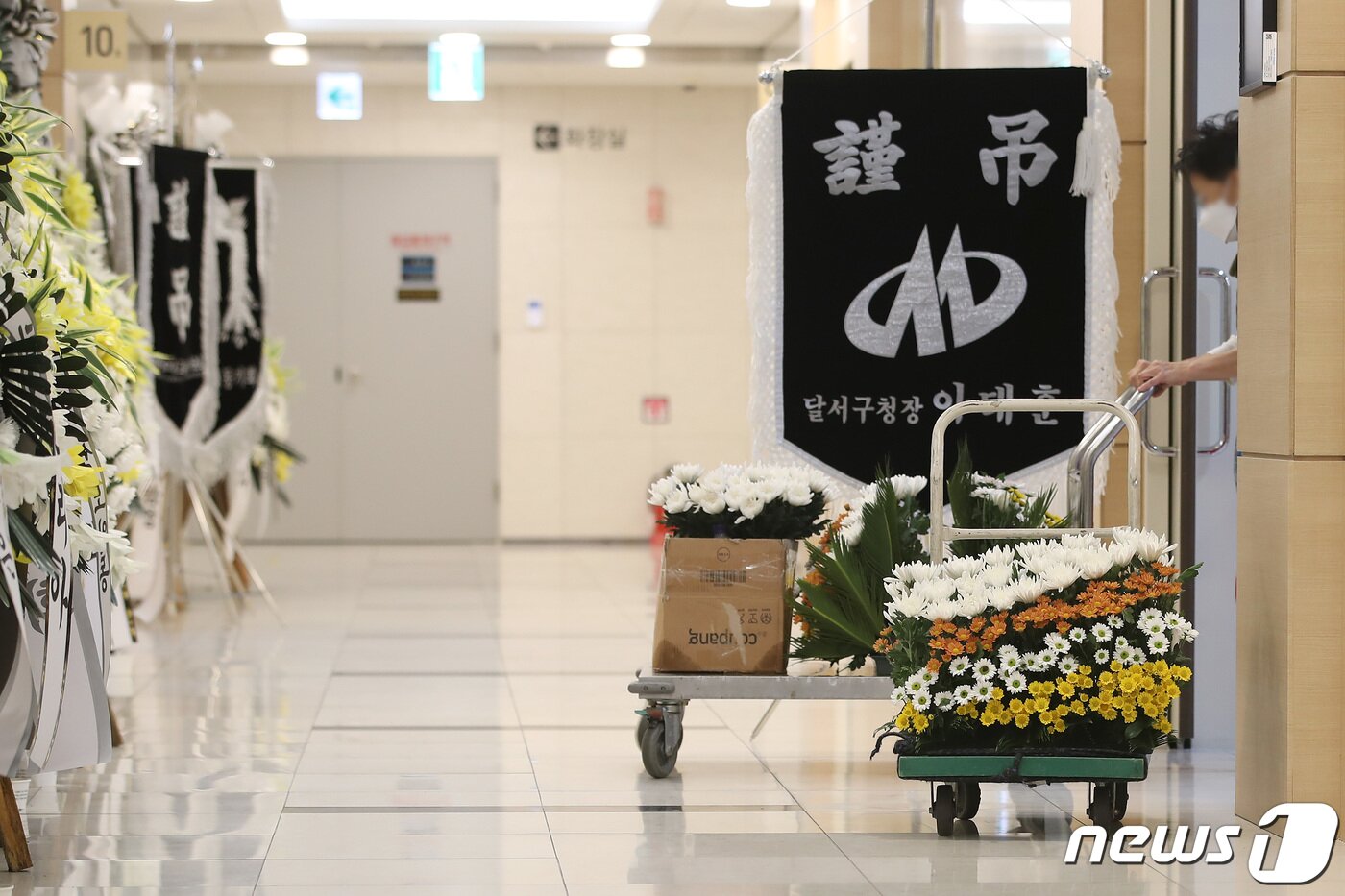 본문 이미지 - '이태원 핼러윈 참사' 대구지역 희생자인 20대 여성 김모 씨가 31일 오후 고향인 대구의 한 상급종합병원 영안실에 안치된 가운데 빈소가 차려지고 있다. 2022.10.31/뉴스1 ⓒ News1 공정식 기자