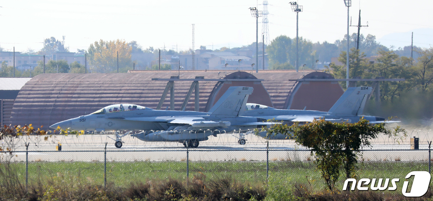 (평택=뉴스1) 김영운 기자 = 한미 양국 군의 대규모 공중연합훈련인 '비질런트 스톰'(Vigilant Storm)이 시작된 31일 경기 평택시 주한미군 오산공군기지에서 EA-18 …