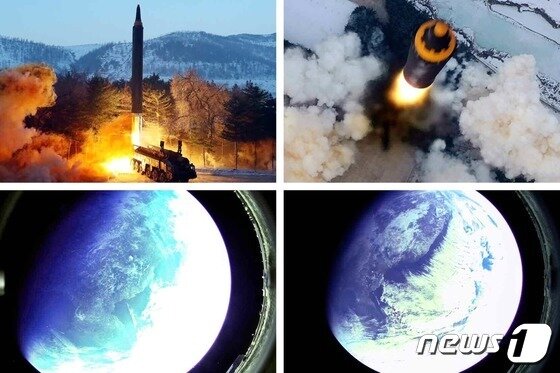 본문 이미지 - (평양 노동신문=뉴스1) = 북한이 지난 1월30일 발사한 중거리탄도미사일 '화성-12형'(위)와 이 미사일이 상공에서 찍은 지구 사진. [국내에서만 사용가능. 재배포 금지. DB 금지. For Use Only in the Republic of Korea. Redistribution Prohibited] rodongphoto@news1.kr