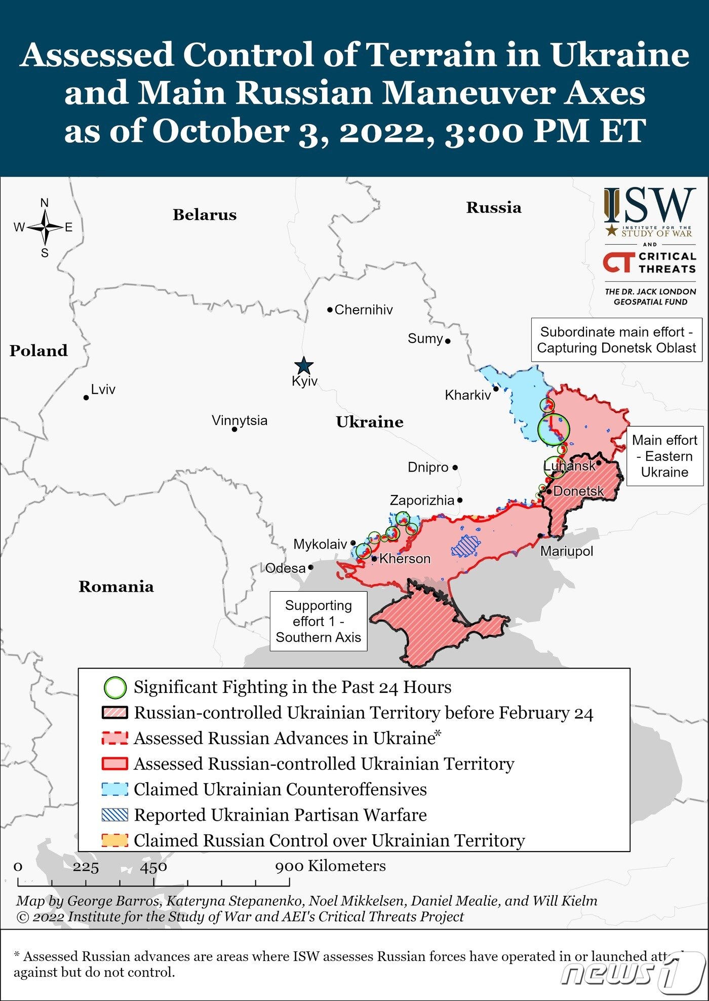 본문 이미지 - 미 전쟁연구소(ISW)가 시각화 한 2022년 10월 3일 기준 우크라이나 전황.