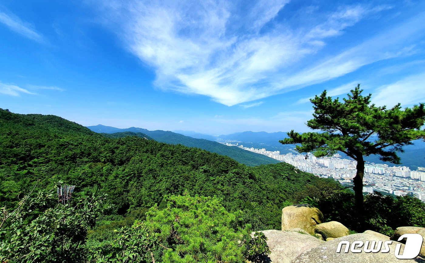 금강공원 위 등산로에서 바라본 금정산과 부산 시내.