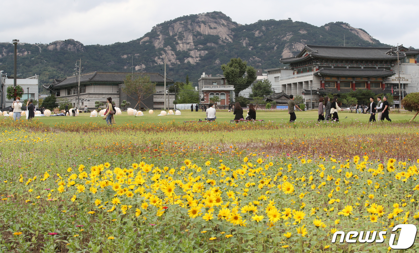(서울=뉴스1) 송원영 기자 = 6일 서울 종로구 경복궁 인근 송현동 부지에서 시민들이 산책을 즐기고 있다.서울시는 '이건희 기증관' 건립이 본격적으로 착수되기 전인 2024년 상 …