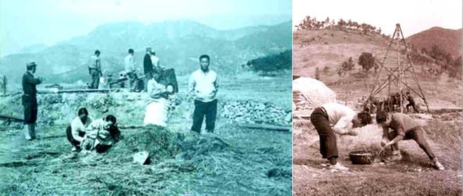 본문 이미지 - 1973년 1월 당시에 찍힌 온천 발견지(왼쪽), 최초의 온천공 작업(창녕군청 제공)