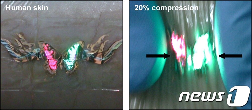 본문 이미지 - 매우 얇아 다양한 물리적 변형에 대응할 수 있는 피부 부착형 페로브스카이트 LED 소자. (UNIST 제공)