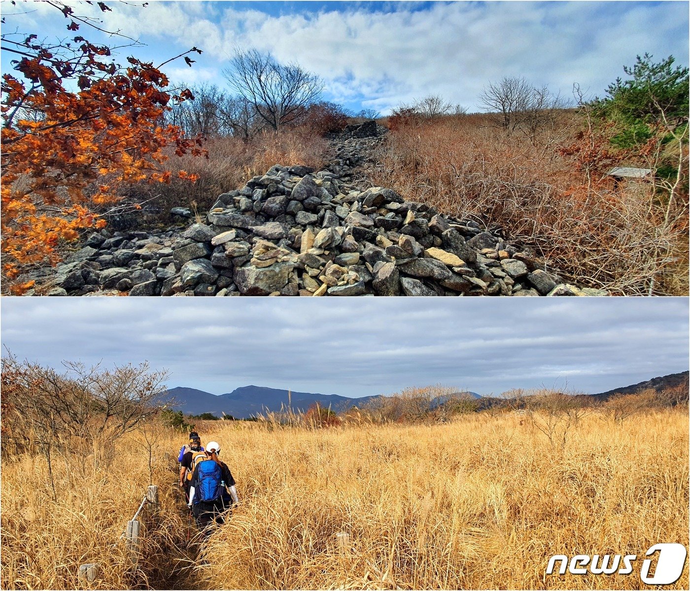 본문 이미지 - 하산길 풍경. 허물어진 단조산성을 지나 억새평원의 경계를 내려서는 사람들.