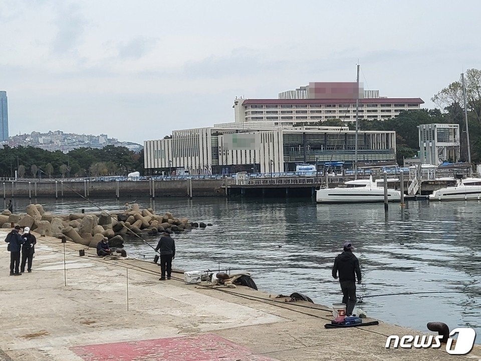 출입이 제한된 운촌항&#40;옛 티파니21유람선선착장부지&#41;에서 사람들이 불법으로 낚시를 하고 있다.2022.11.22. 손연우 기자