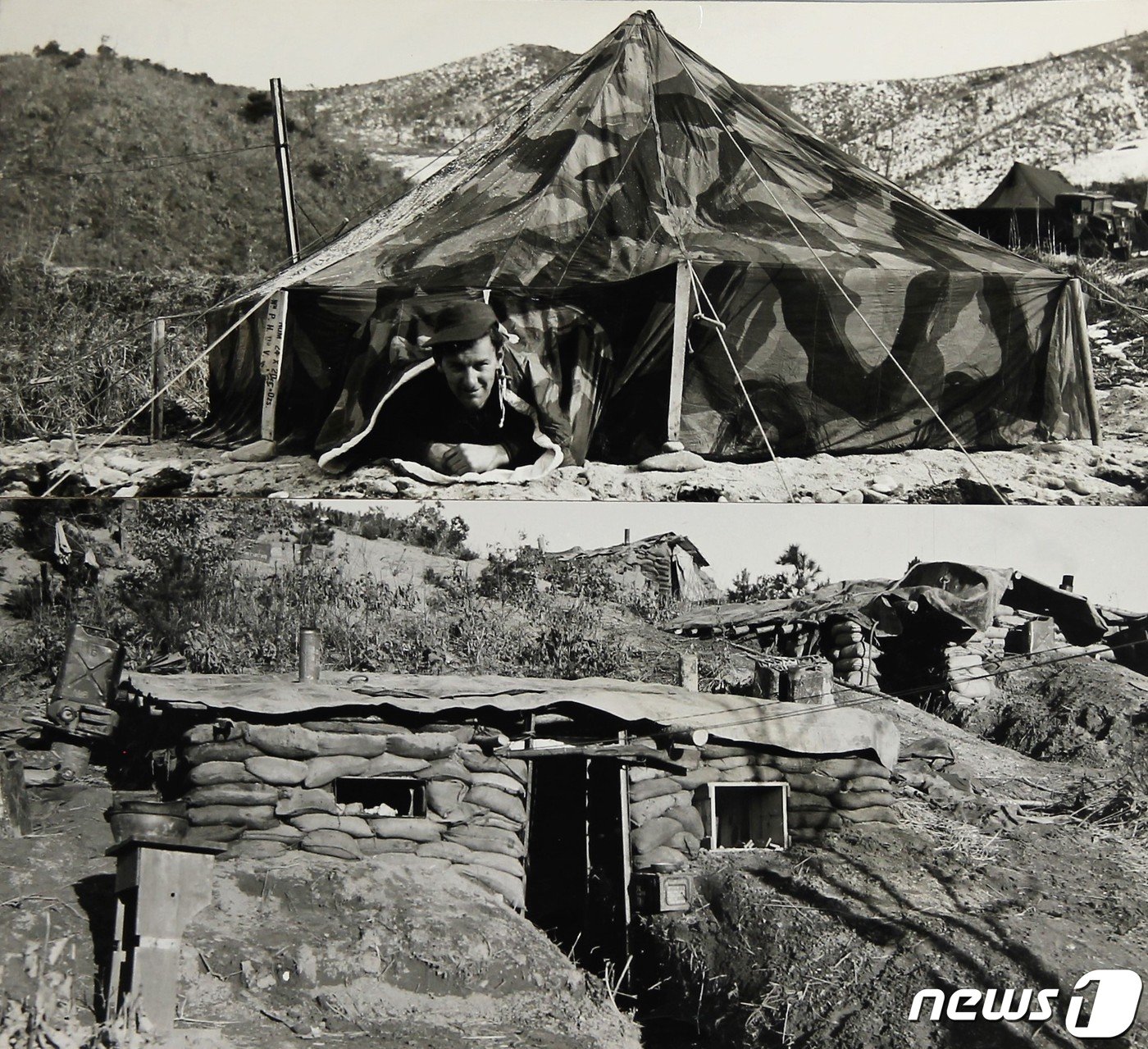 본문 이미지 - 6·25전쟁 당시 뉴질랜드군 천막(위)과 참호.(유엔평화기념관 제공)