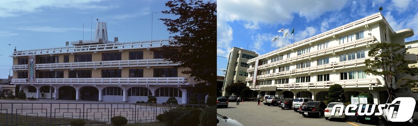 본문 이미지 - 철거와 존치를 놓고 사회적 갈등으로 번지고 있는 충북 청주시청 본관동의 초창기 모습(왼쪽)과 현재 모습./뉴스1