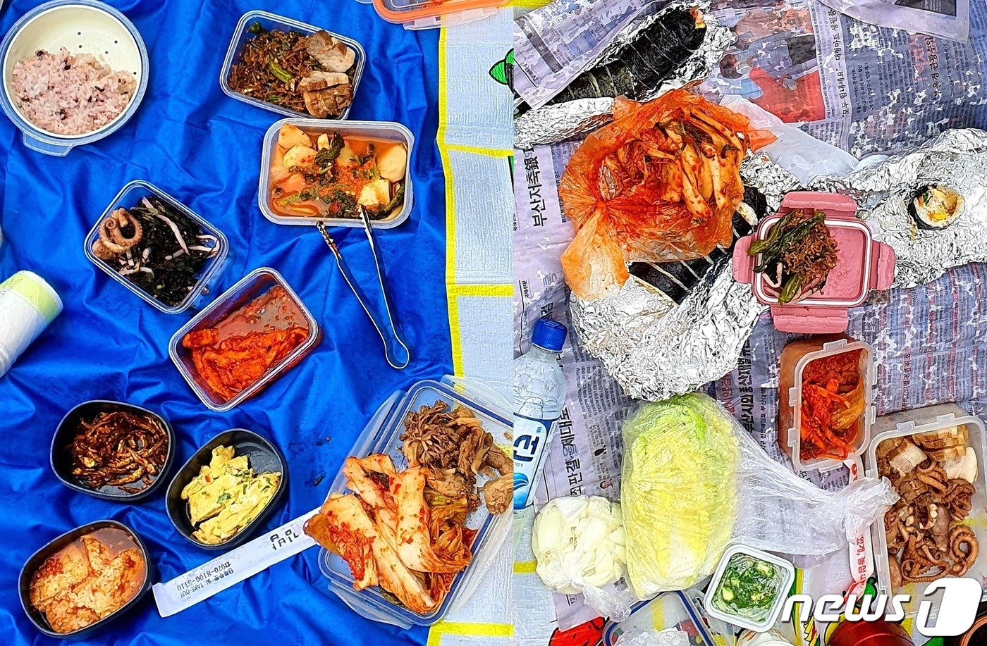 본문 이미지 - 두륜산도 식후경. 산 위에 단풍은 졌지만, 점심 파티에 깔린 음식들이 단풍처럼 칼라풀하다.