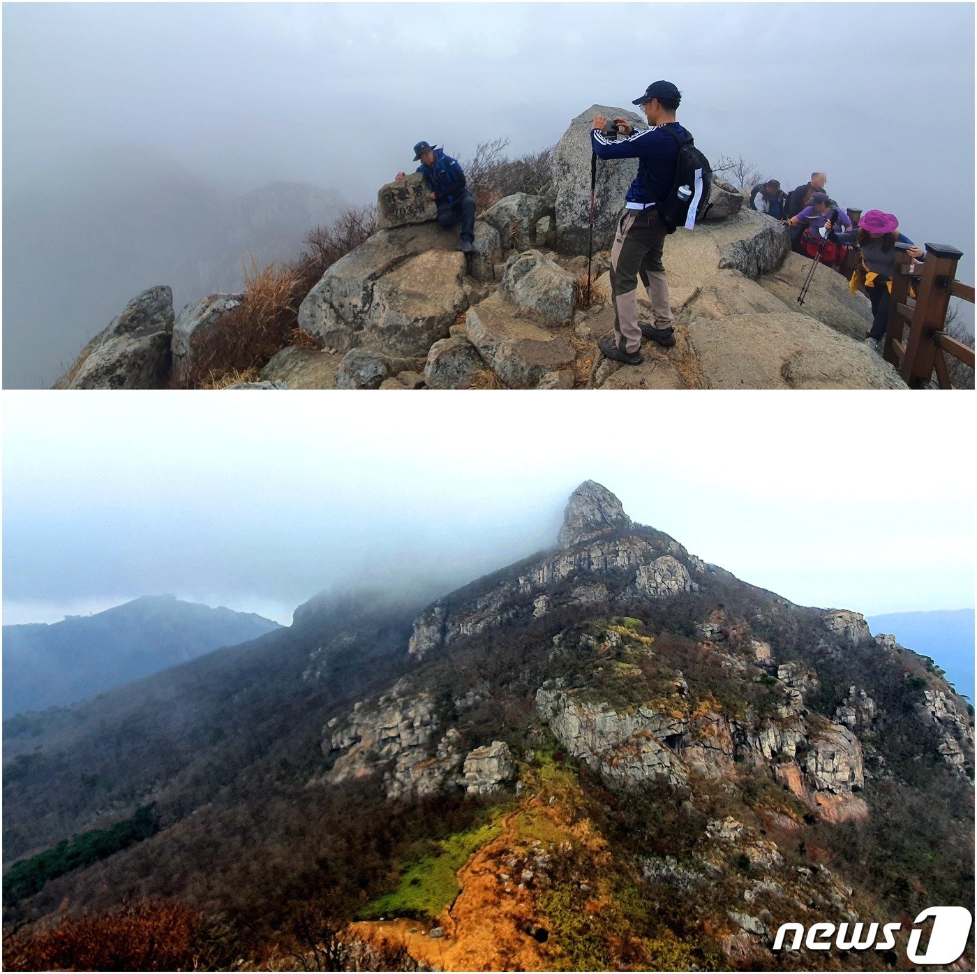 가련봉 풍경. &#40;아래&#41; 두륜봉에서 본 가련봉. 우람한 바위산 정상이 뾰족하다. &#40;위&#41; 좁은 정상에서 작고 가련한 정상석을 부여잡고 인증사진을 찍는 사람들.