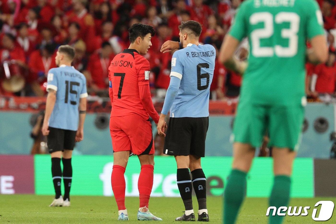 본문 이미지 - 손흥민이 24일 오후&#40;현지시간&#41; 카타르 알라이얀 에듀케이션 시티 스타디움에서 열린 2022 카타르 월드컵 조별리그 H조 1차전 대한민국과 우루과이의 경기에서 벤탄쿠르와 대화하고 있다. 2022.11.25/뉴스1 ⓒ News1 이광호 기자