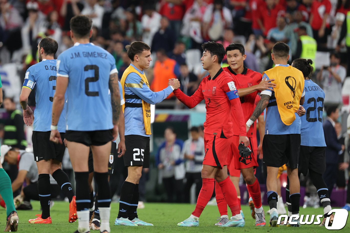 본문 이미지 - 24일 오후&#40;현지시간&#41; 카타르 알라이얀 에듀케이션 시티 스타디움에서 열린 2022 카타르 월드컵 조별리그 H조 1차전 대한민국과 우루과이의 경기에서 무승부로 경기를 마친 양팀 선수들이 서로를 격려하고 있다. 2022.11.25/뉴스1 ⓒ News1 이광호 기자